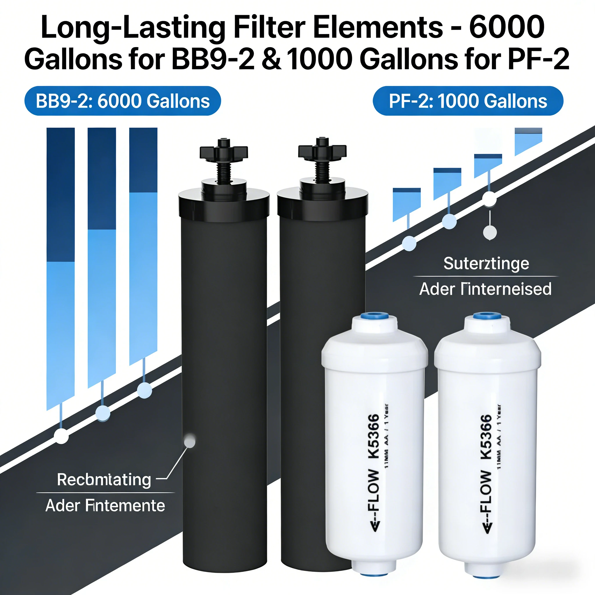 Ensemble de 2 filtres à eau au carbone noir et 2 filtres au fluorure : éléments de remplacement compatibles avec les systèmes de purification par gravité