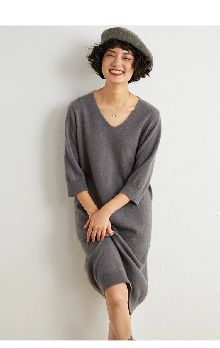 

Легкое роскошное трикотажное платье из чистого кашемира, женское платье с v-образным вырезом и половиной рукава, длинный свитер, платье с укороченными рукавами