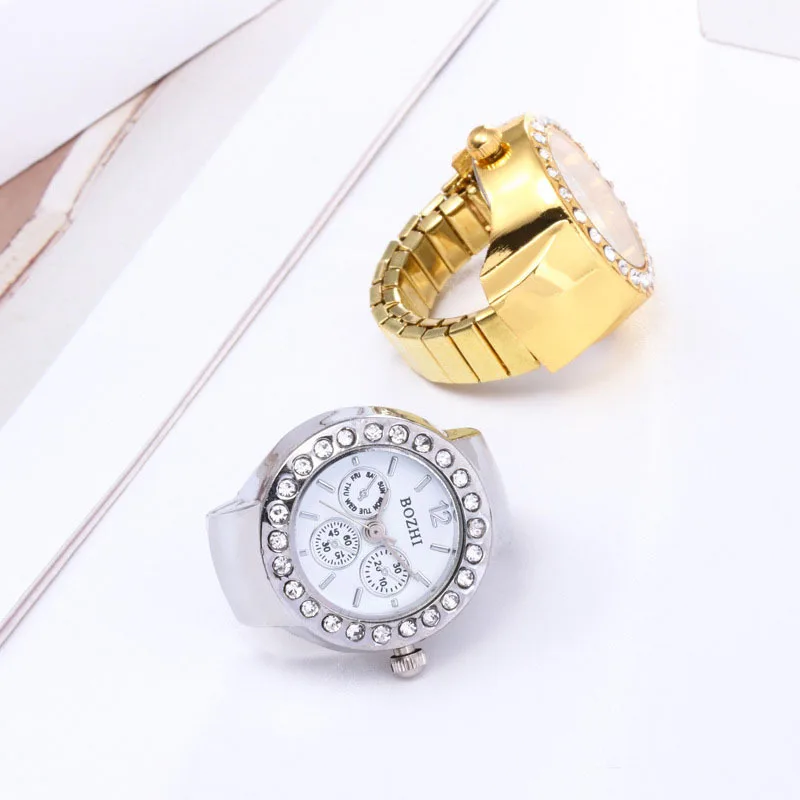 1pc Rhinestone Mini Unisex Fashion Finger Watch Retro Roman Quartz Watch Rings for Women Men Elastic Strap Alloy Watches Jewelry