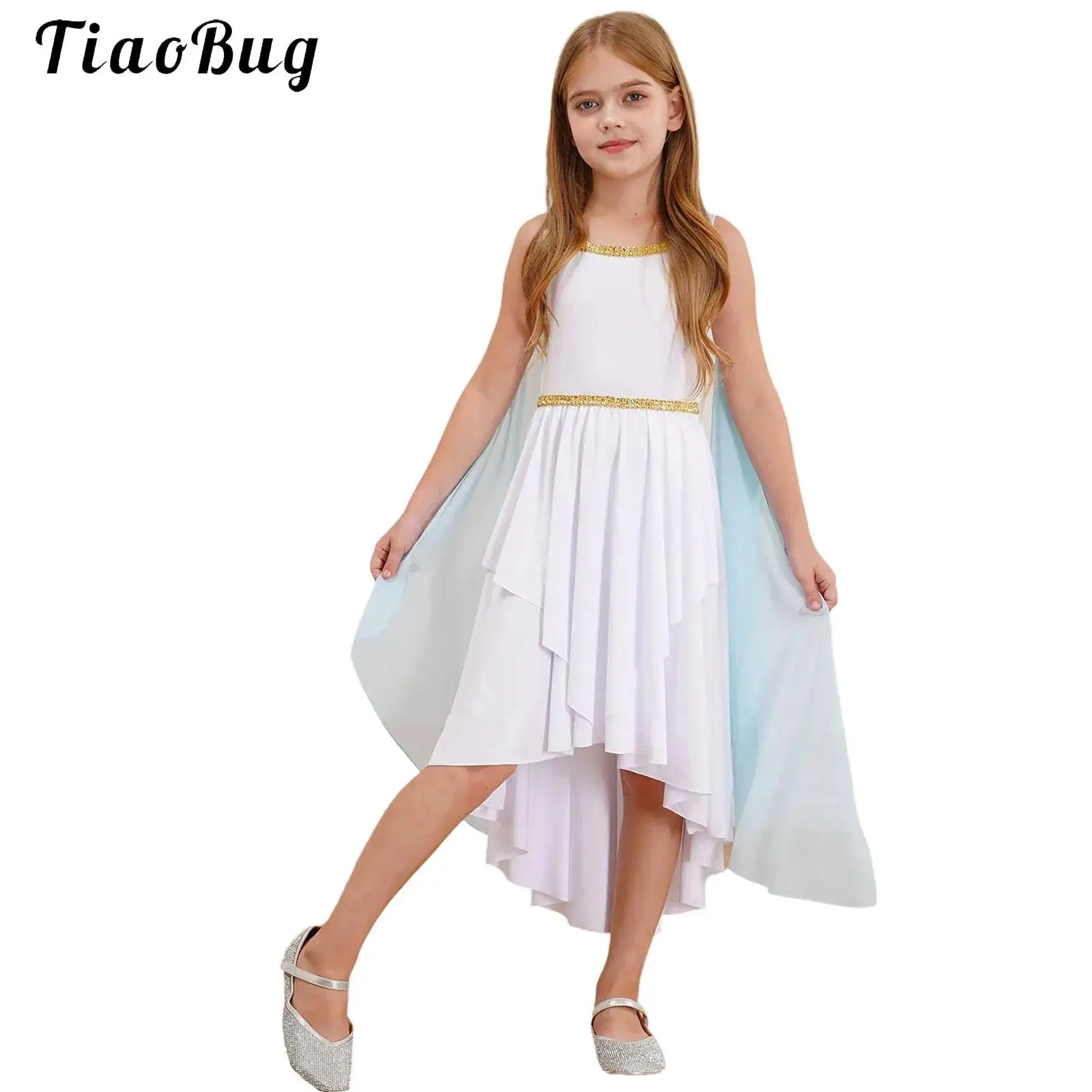 Kids Girls Ancient Greek Toga Costume Halloween Athena Cosplay Outfits Rome Egypt Princess Dress with Shoulder Tulle Shawl Cape