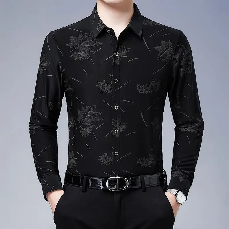 Fashion Men Vintage Hawaiian Long Sleeve Shirt Spring Autumn New Koreon Streetwear Male Clothes Business Casual Black Tops 2023