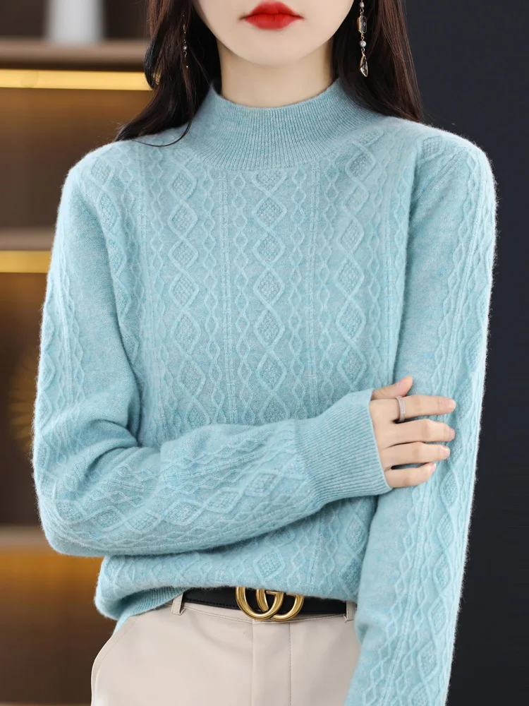 New Women Cashmere Sweater 100% Merino Wool Knitted Pullover Mock Neck Knitwear Twist Long-Sleeved Solid Color Top Autumn Winter