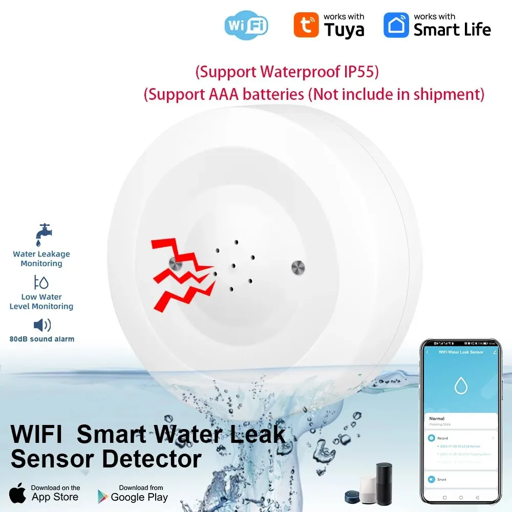 ONENUO WiFi Tuya Waterleksensor Overstromingslekdetector met Geluidsalarm 80dB en IP55 Waterdichte Watersensor Afstandsbediening Monitor