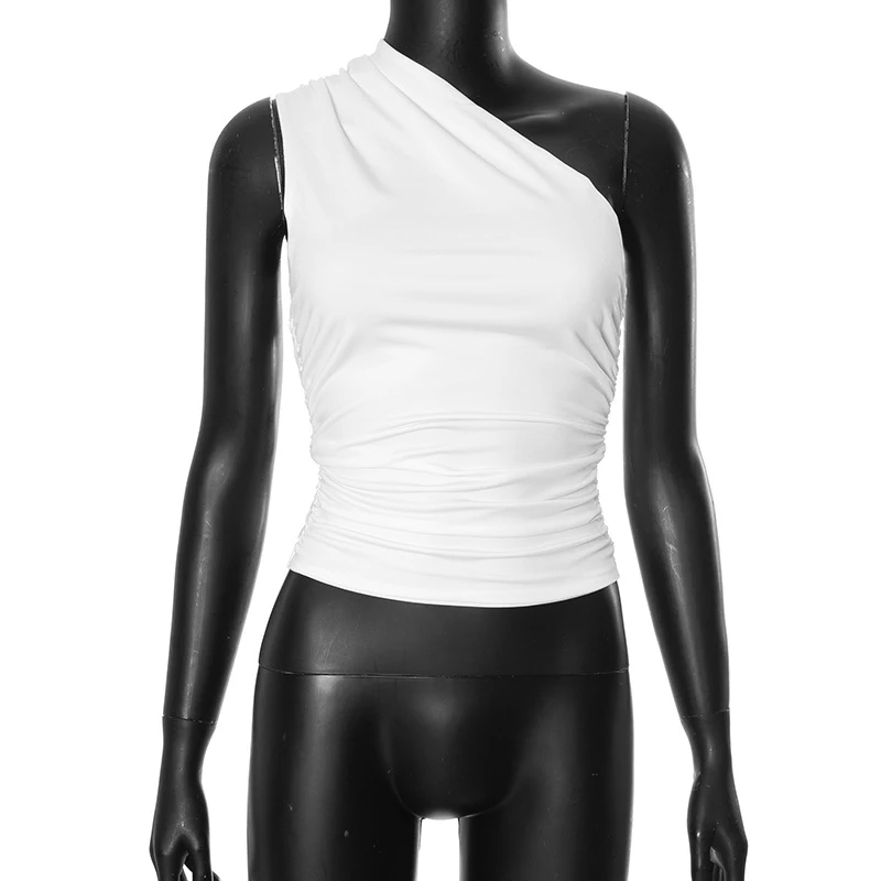 Einfarbig eine Schulter rücken frei schrumpfen Tank Top T-Shirt Süßigkeiten Farbe eng sexy ärmellose Hals ohne schlanke Casaul Top – Detail 32