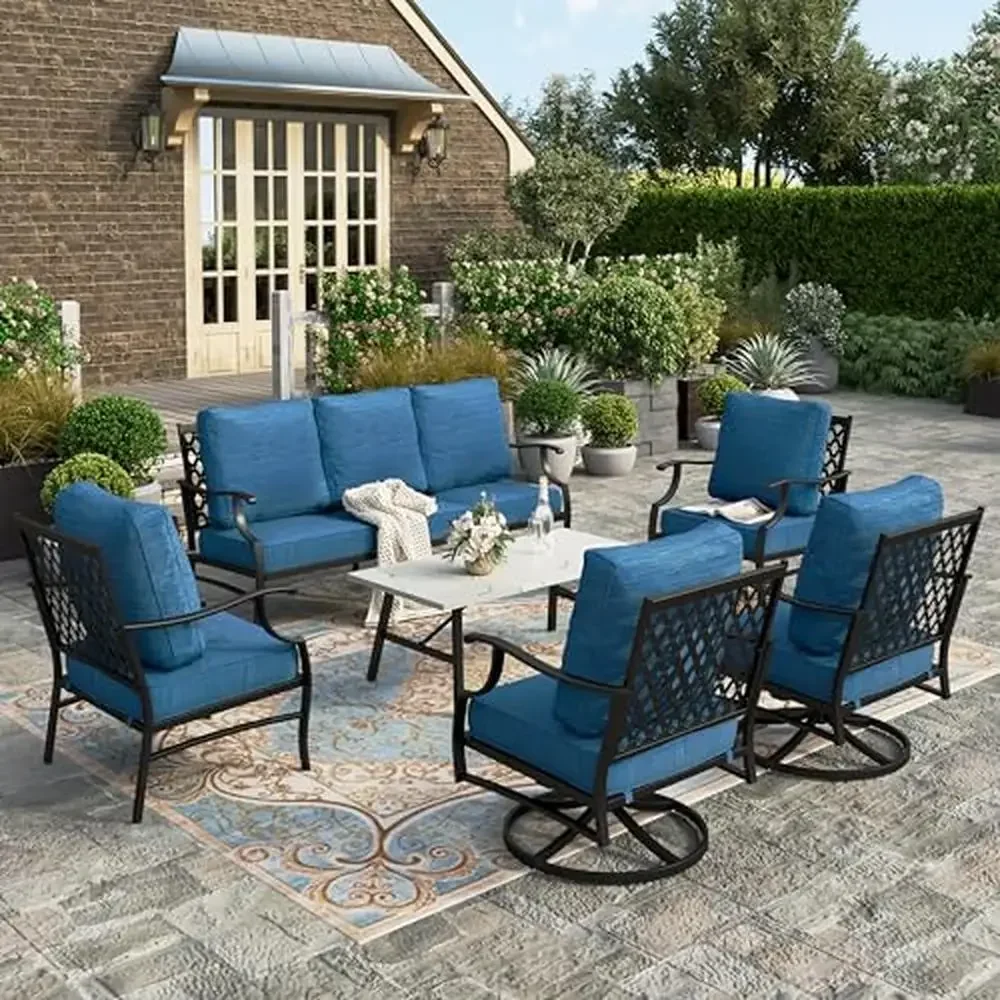 7-Seater Outdoor Patio Furniture Set Swivel & Fixed Chair 3-Seat Sofa Marbling Coffee Table All-Weather Cushions & Durable Metal