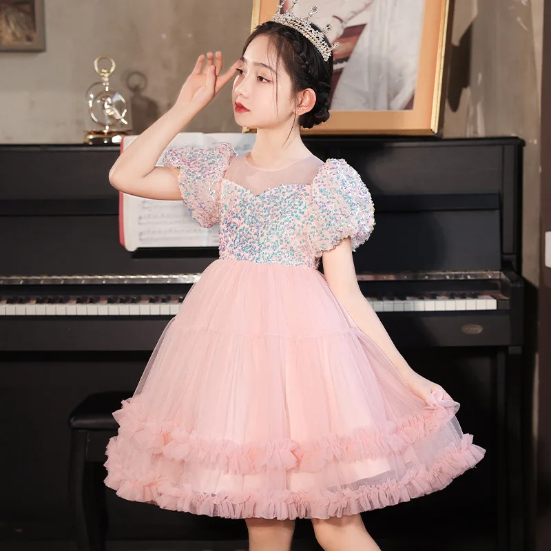 ELBCOS 4-16T Kid Girls Princess Sequin Solid Color Short Puff Sleeve Straight Skirt Costume Evening Full Dress