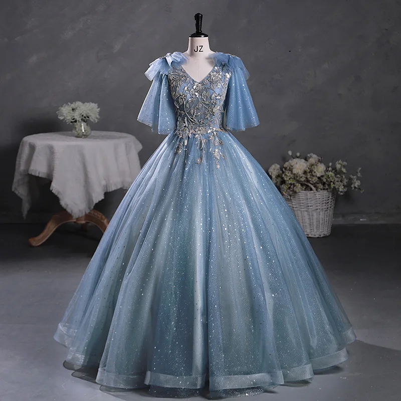 

2025 New Women's Grey Blue Glitter Luxury Evening Dress Fashion Mesh Grand Display Performance Annual Meeting Host Evening Dress
