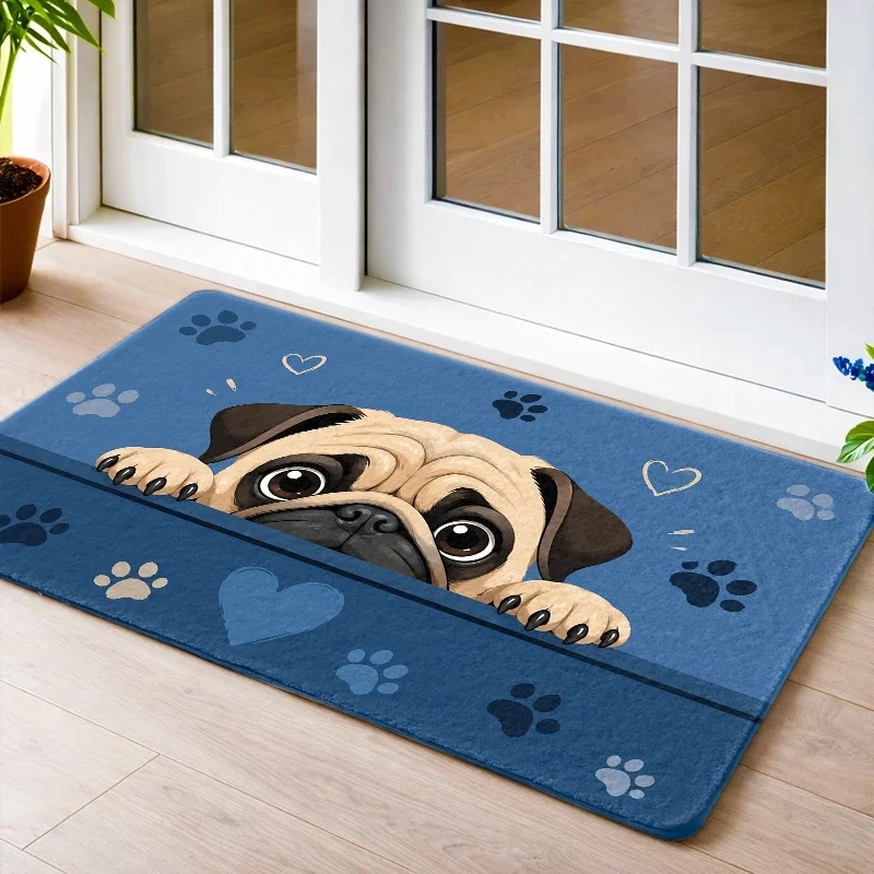 Blue Patchwork Paw Print Entrance Doormat Multi Style Pet Paw Grid Graphic Rug, Cute Animal Themed Decor Mat for Indoor Spaces