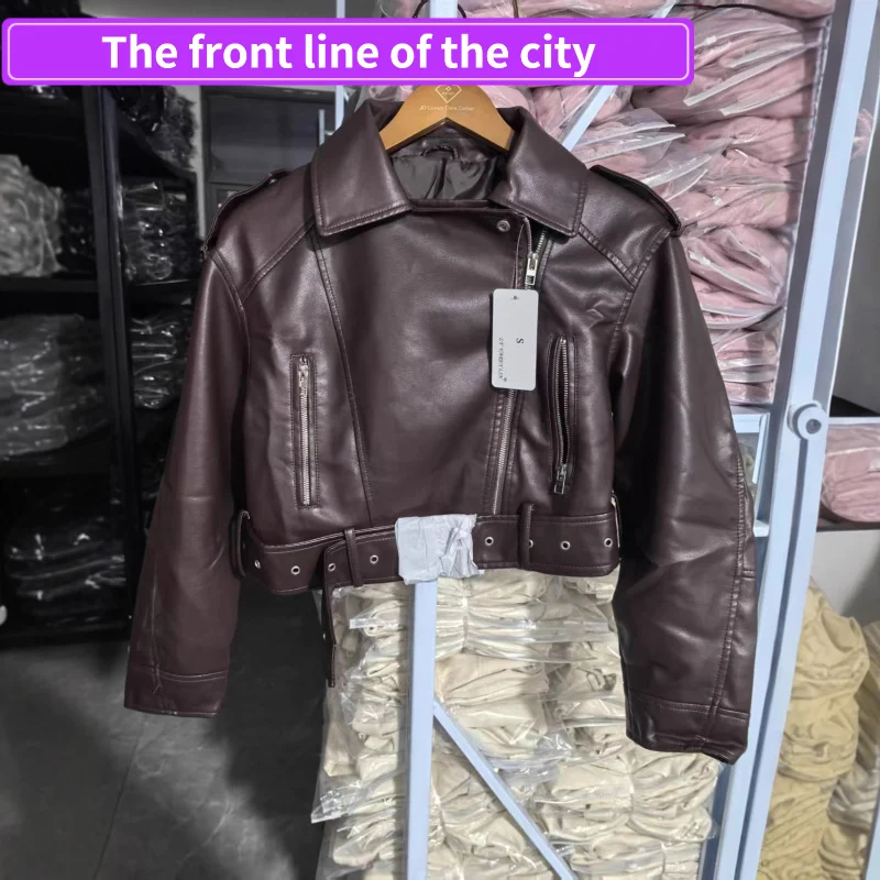 Jaqueta de Couro Solta e Elegante para Mulheres, com Cinto e Gola de Pelo, Fechamento com Zíper, Manga Longa, Ajuste Regular