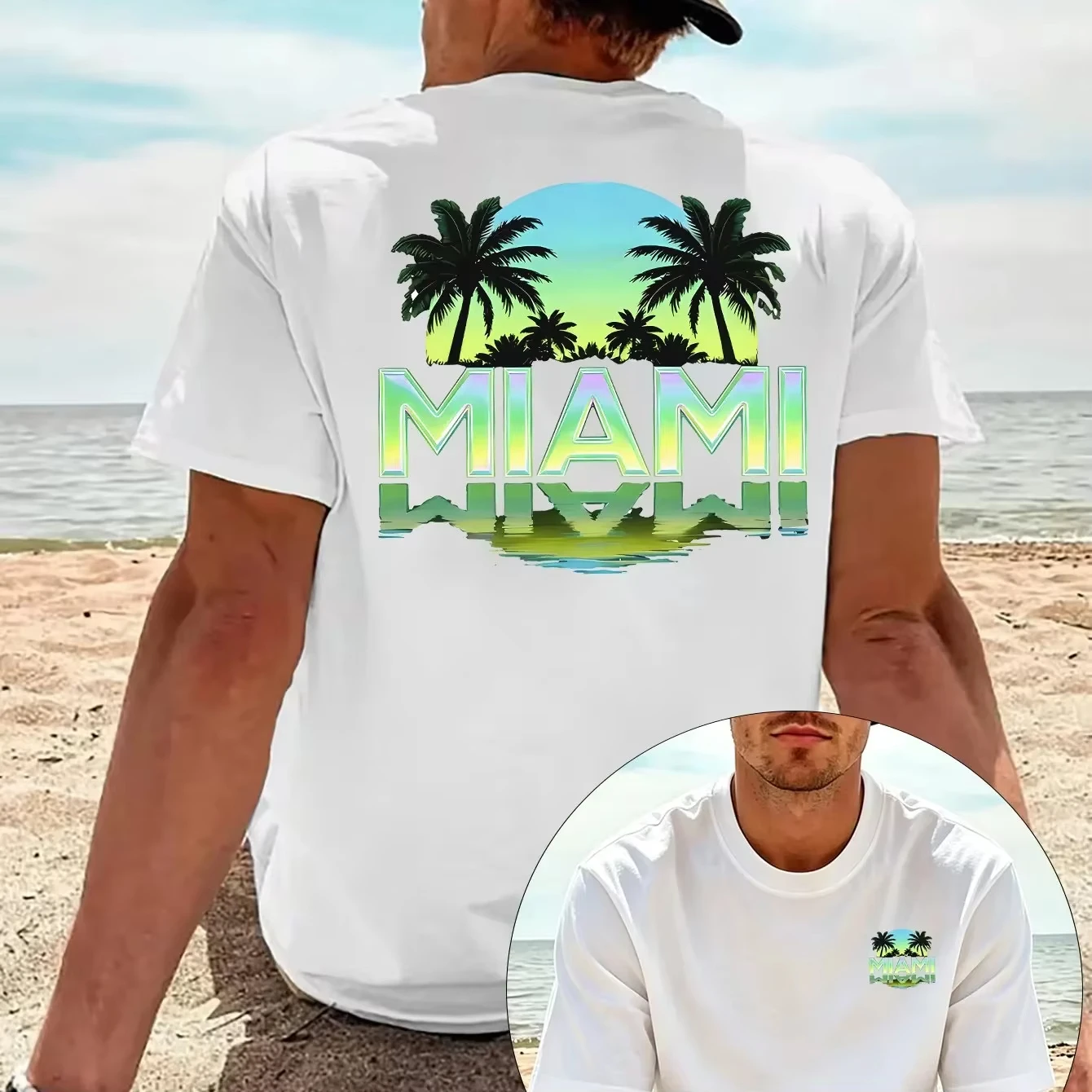 Men  Cotton Tropical Beach T Shirt Miami Florida Travel Graphic Print Vintage Casual Streetwear Summer Short Sleeve Tee