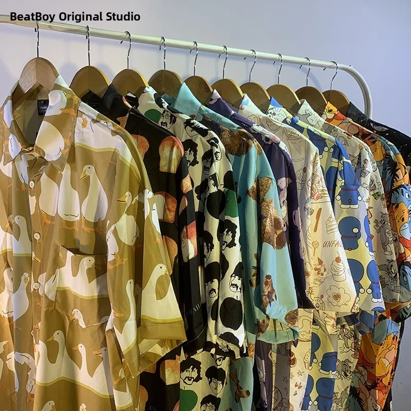 

Retro Hong Kong Sle Men's ort Sve irt Loose Oversize Cartoon Print Couple's Haome Blouse Polyester Fiber Summer
