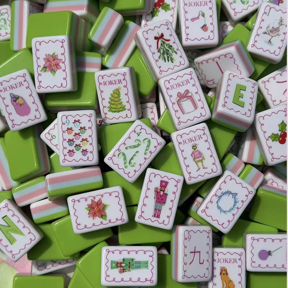American-style Green Christmas-themed Acrylic Mahjong Set, 160 Pieces, Chess Card Cardboard, Festive Game Set