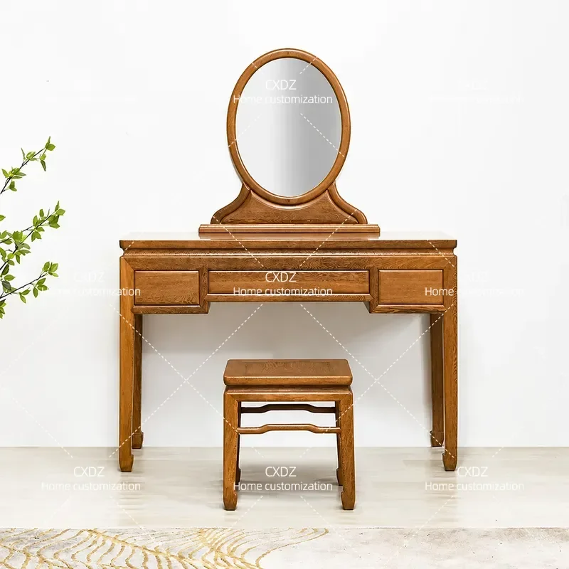 New Chinese Style Solid Wood Dresser Dual Purpose Desk Log Bedroom Vanity Table All Wood Makeup Table with Storage