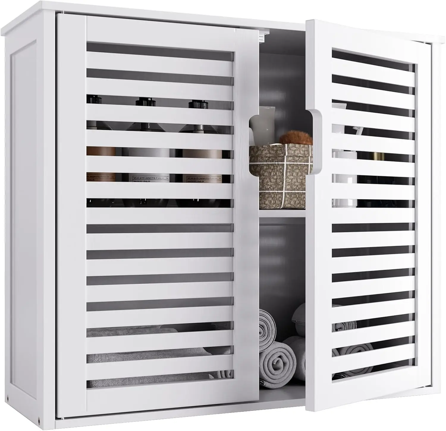 

White Bamboo Wall-Mounted Cabinet Over Toilet, Adjustable Shelf Storage Organizer for Bathroom and Kitchen