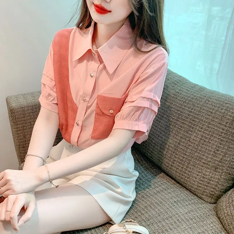 2024 New Summer Young Style Chiffon Short Sleeved Blouses Loose Patchwork Polo Collar Folds Pocket Beading Women\'s Shirt Top