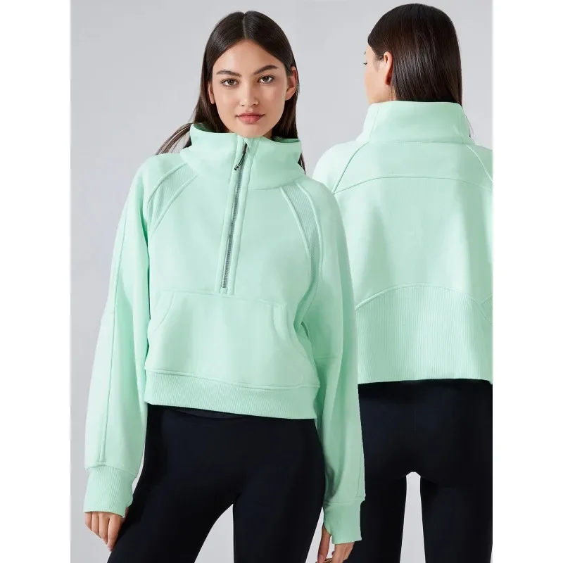 2024 סתיו חצי רוכסן מעמד גבוה מעמד צווארון pullover העליון לנשים, חם וחם ופליז ספורט עבה עבור ללבוש חיצוני