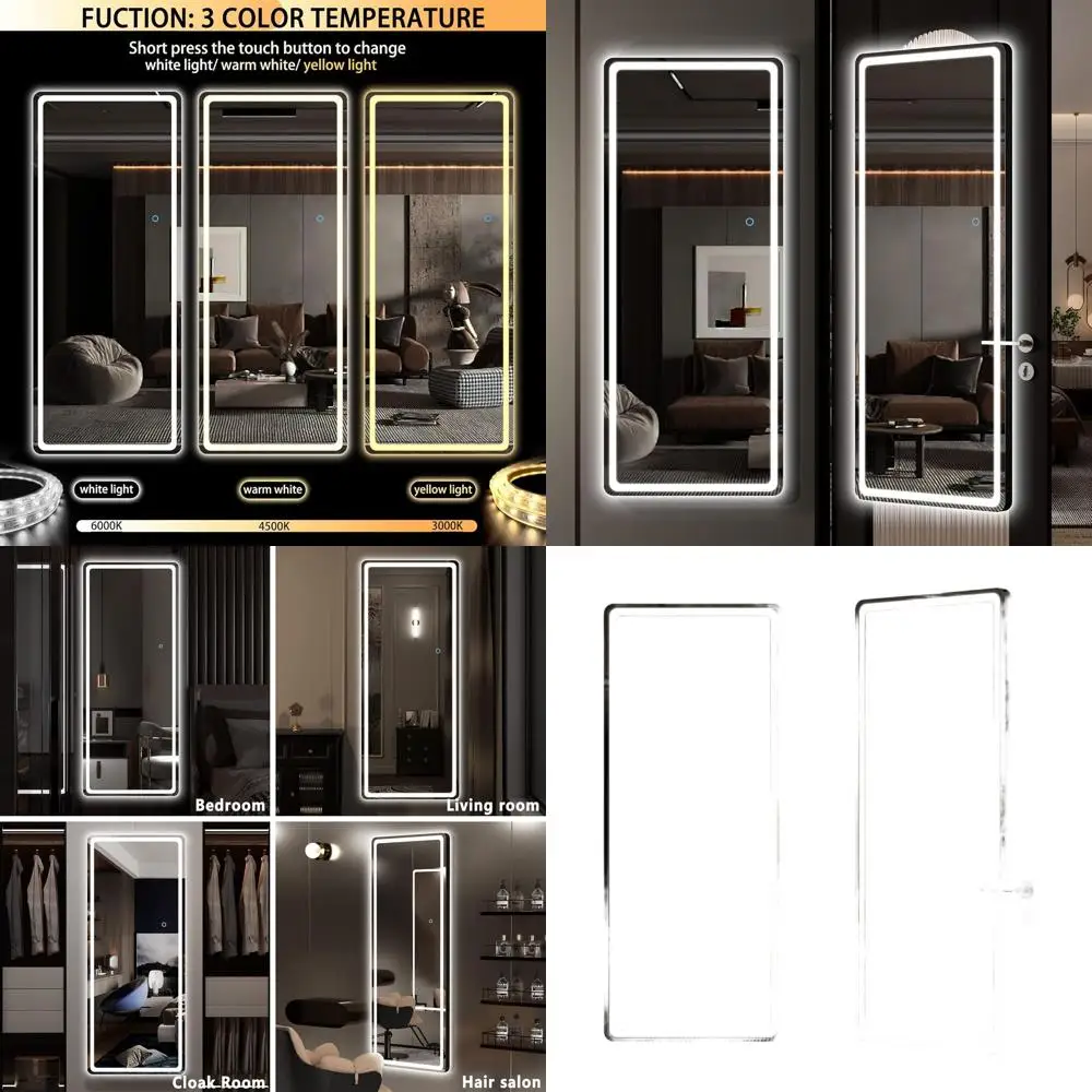 

44.1 x 15.8 Illuminated Door Hanging Mirror, Full-Body Wall Mount, Round Black Frame