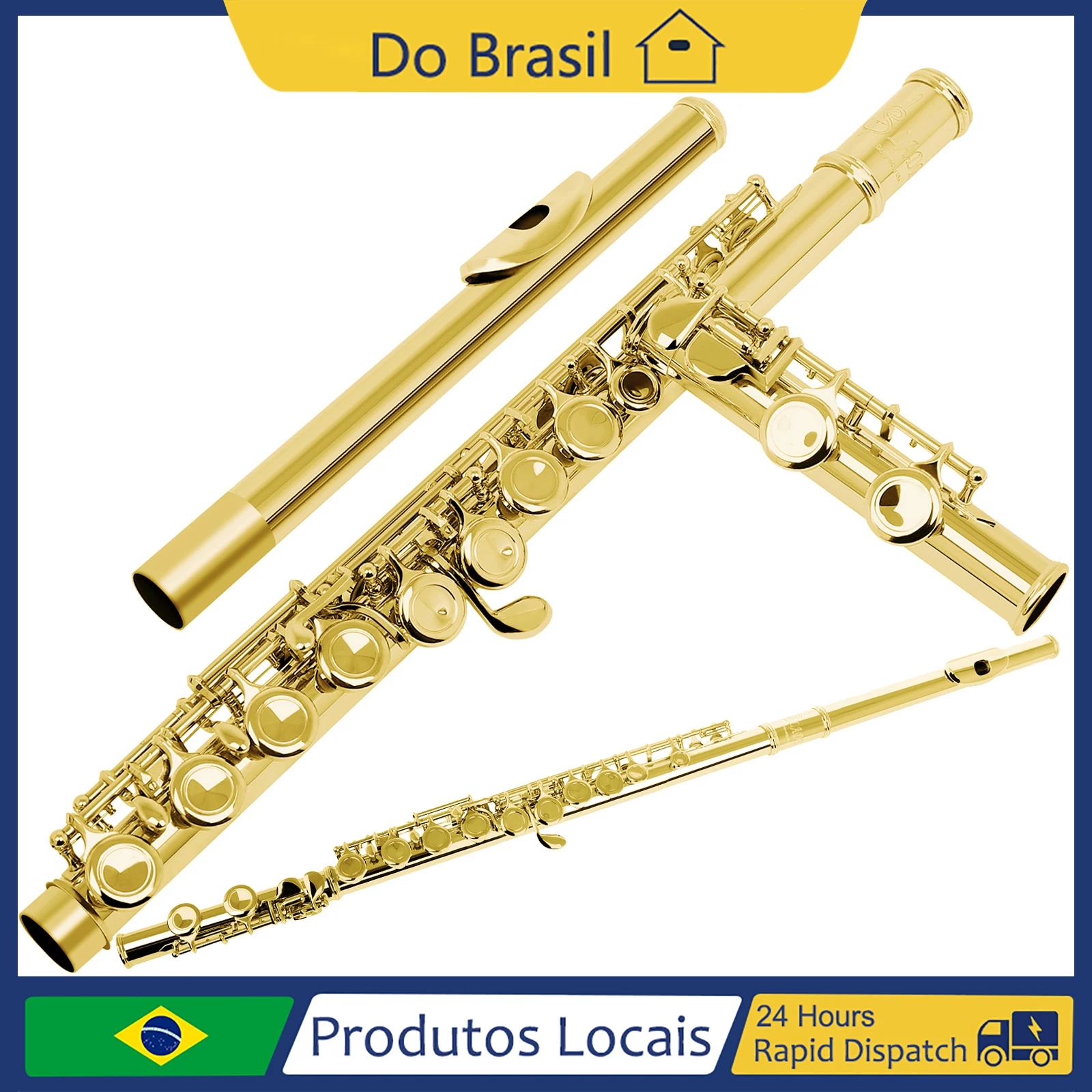 Flauta SLADE 16 com Furos C-Slot, Flauta Dourada Profissional para Iniciantes e Estudantes com Estojo, Luvas e Kit de Limpeza