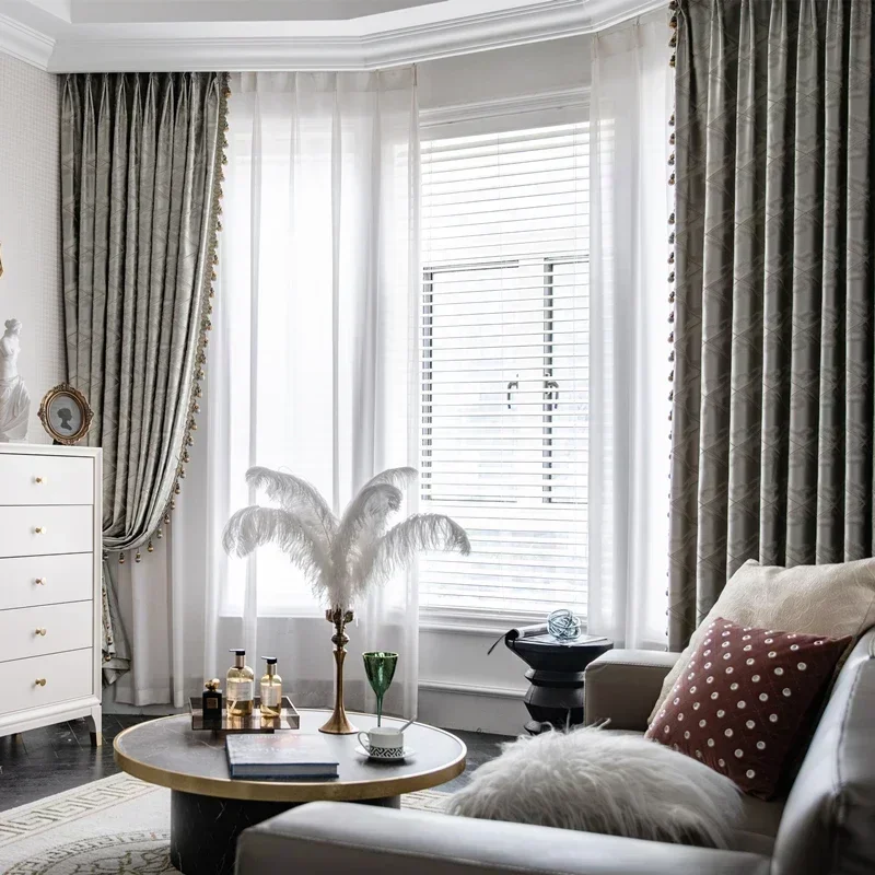 

2025 Light Luxury Large Lattice Jacquard Lace Stitching Thickening Blackout Curtains For Living Room Bedroom Finished Product