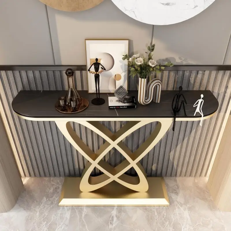 Light luxury minimalist rock slab creative wrought iron entrance table entry door corridor living room against the wall end view