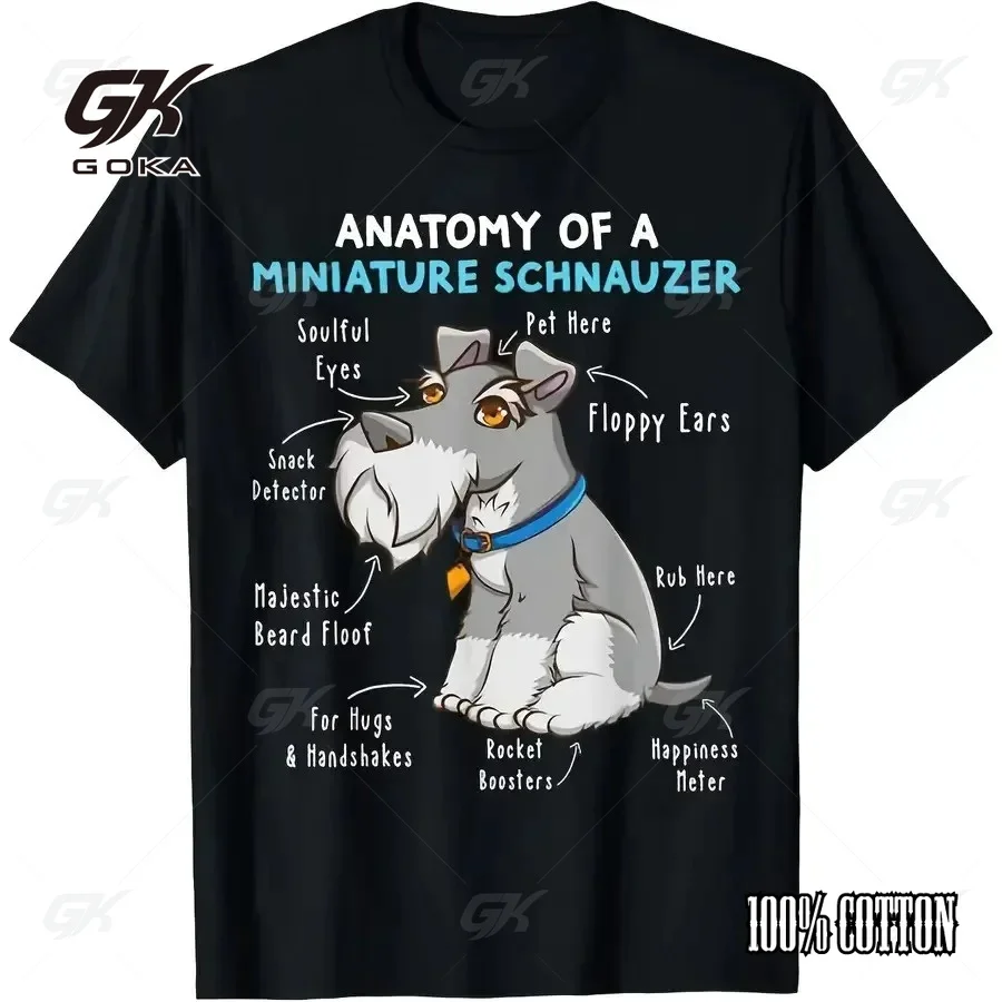 Anatomy of A Miniature Schnauzer T-Shirt, Funny Dog Owner Graphic Tee, Black Pet Lover Casual Short Sleeved Tops