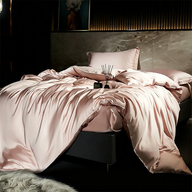 Solid 100% Silk Bedding Set with Duvet Cover Flat Bed Sheet Pillowcase Luxury Mulberry Silk Bedsheet Bed Linen Soft Quilt Cover