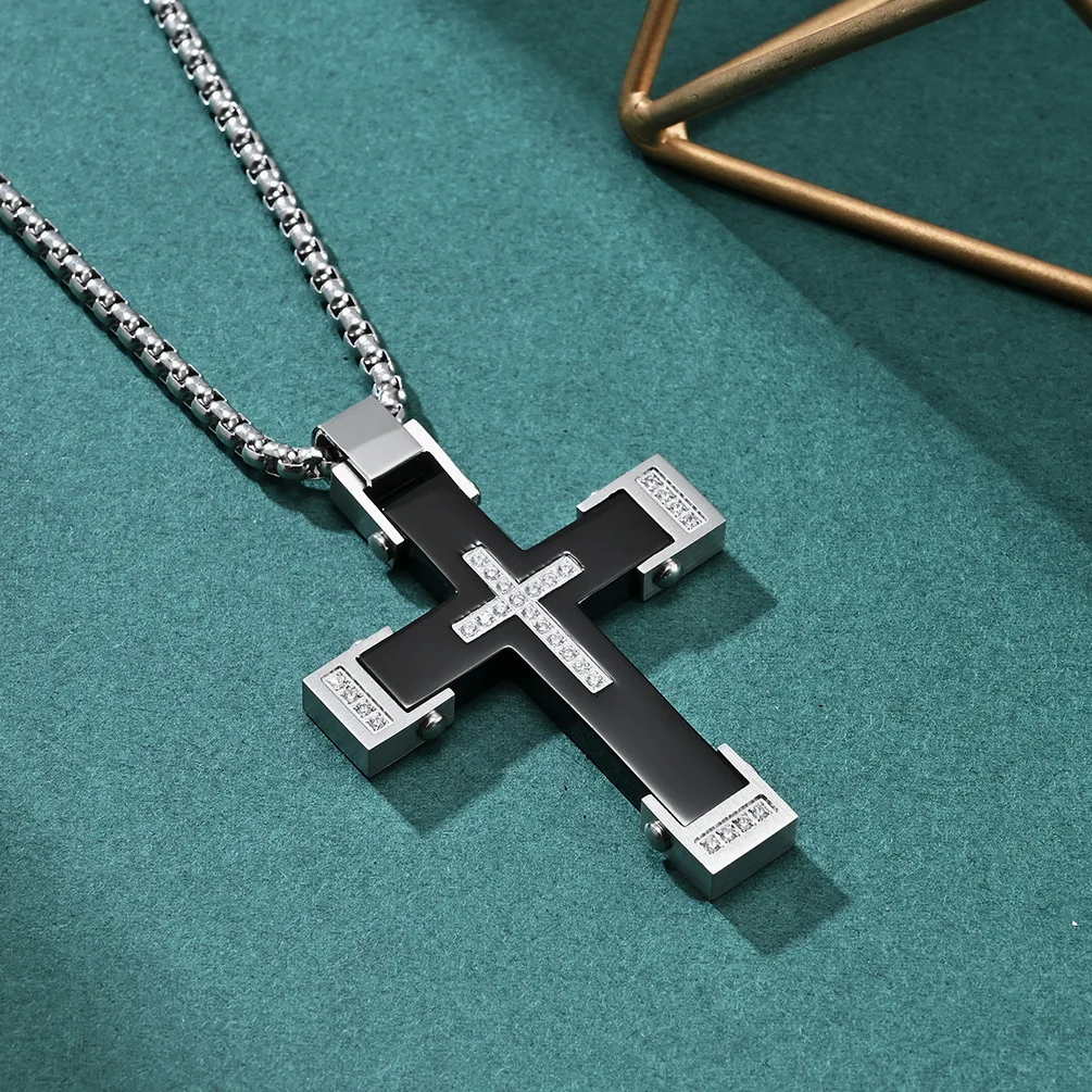 Punk Stainless Steel Cross Pendants Retro Fashion Men's and Women's Crystal Jesus Necklace Prayer and Wish Religious Jewelry