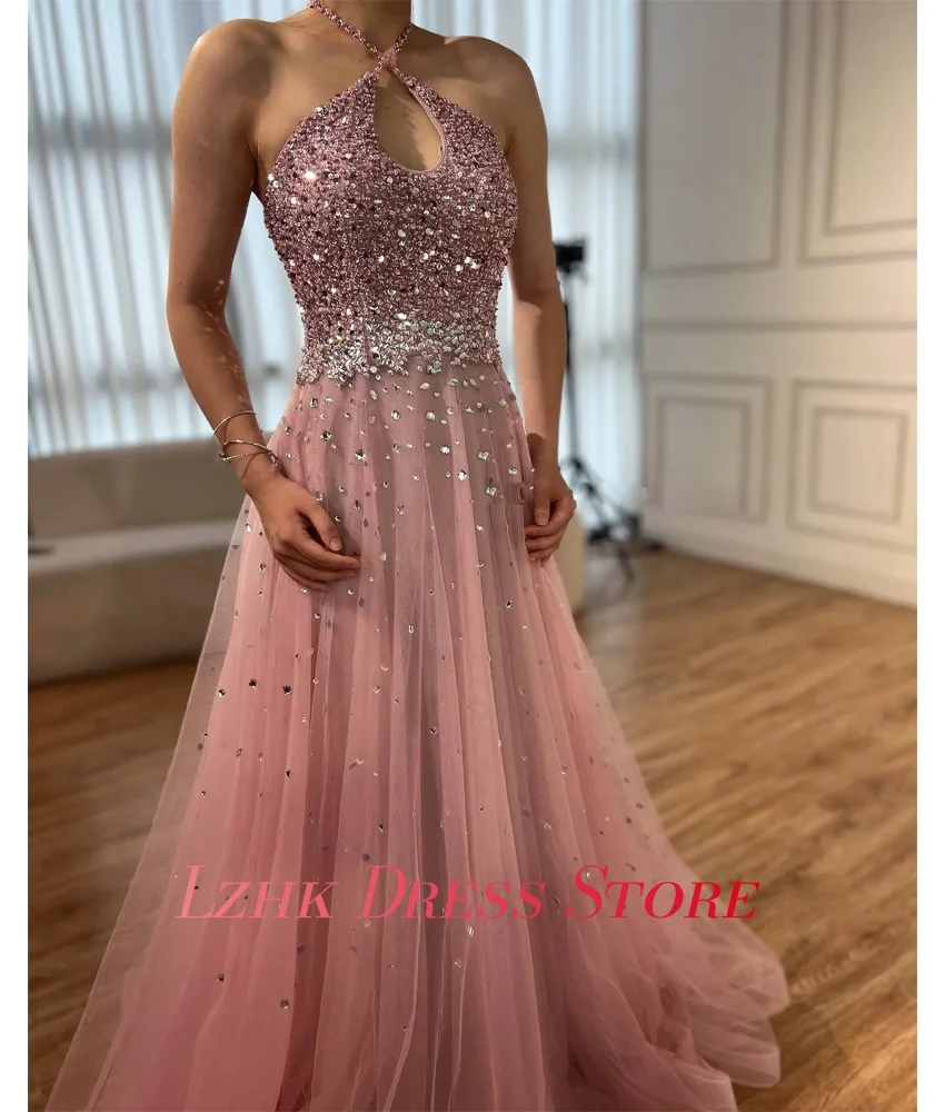 Abito da sera in cristallo con perline di paillettes a trapezio in organza sexy personalizzato Abiti da ballo lunghi senza maniche con scollo all'americana di alta qualità