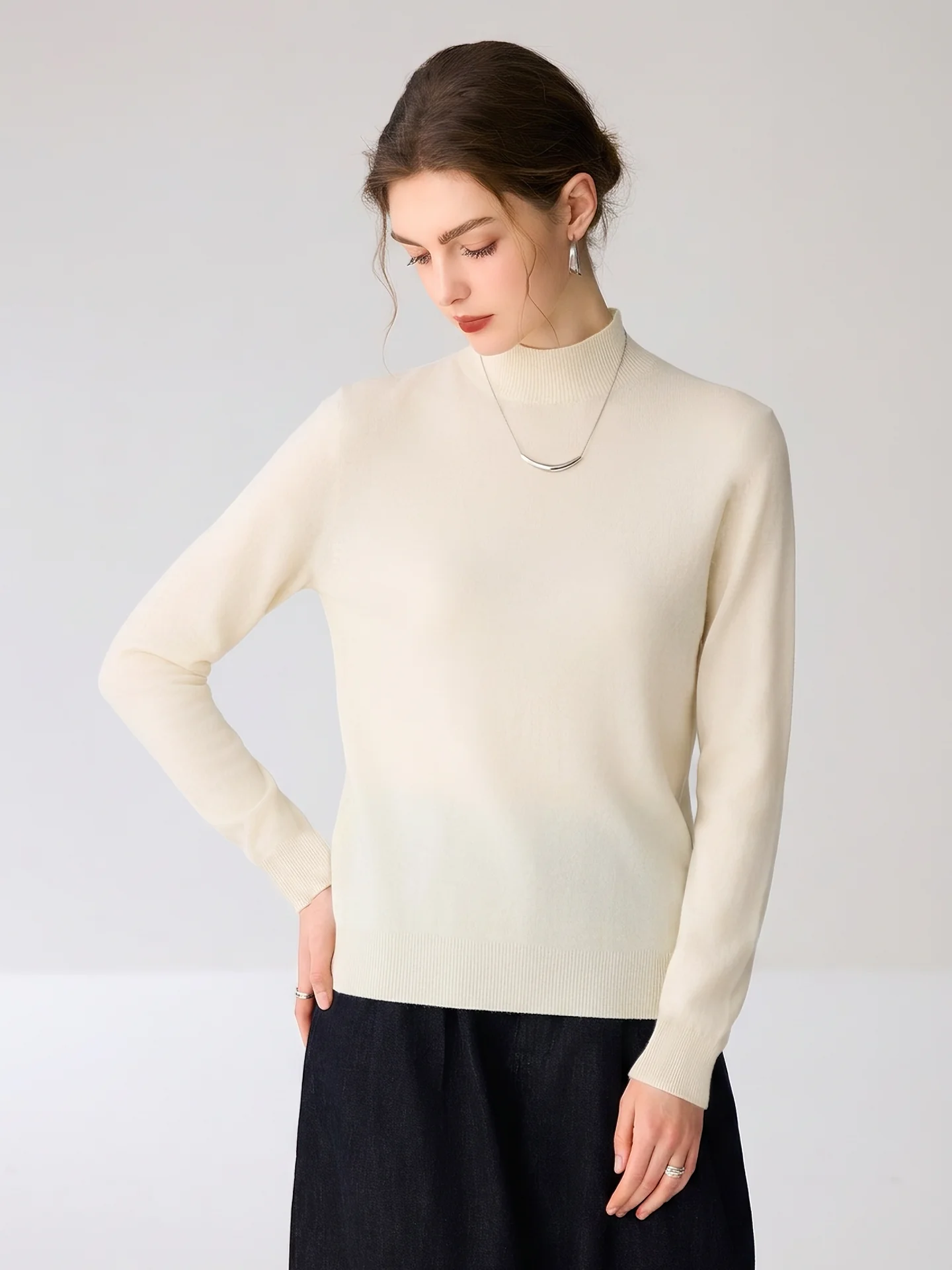 Woman Autumn Winter Sweater 100% Merino Wool Mock-Neck Pullover Cashmere Knitwear Versatile Understated Elegance Clothing Tops