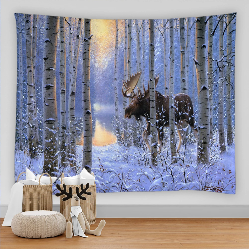 Elk tapestry hanging wall psychedelic forest wildlife theme reindeer pattern landscape home decoration