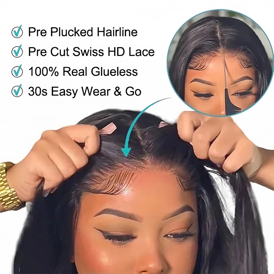 Peruca frontal de renda pré-arrancada para mulheres, perucas retas de cabelo humano, sem cola, pronta para usar, 4x4, 5x5 HD