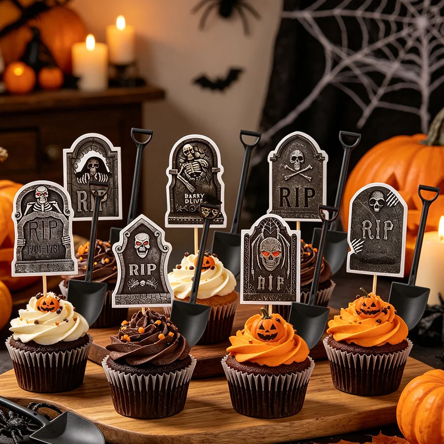 16/32 Stück Halloween Horror Cupcake Topper Grabstein Skelett Kuchen-Dessert-Deko Halloween Geburtstag Party Dekorationszubehör – Detail 3