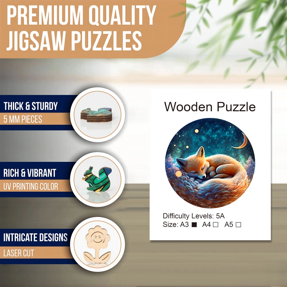 Sleeping fox-round madeira puzzle, irregular animal em forma de madeira puzzle, brinquedo decoração home, jogo família