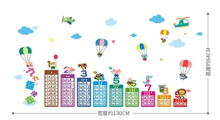 1PC Animal Parachute 99 Multiplication Table Math Wall Sticker for Kids Rooms Learn Educational Montessori Mural Wall Decals