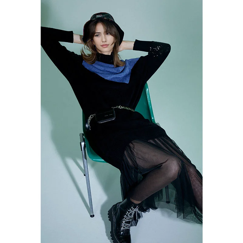 Women's Autumn High Street Fashion Thick Turtleneck Sweater Sequin-Decorated Patchwork Knitting Pullover All-match Sleeve