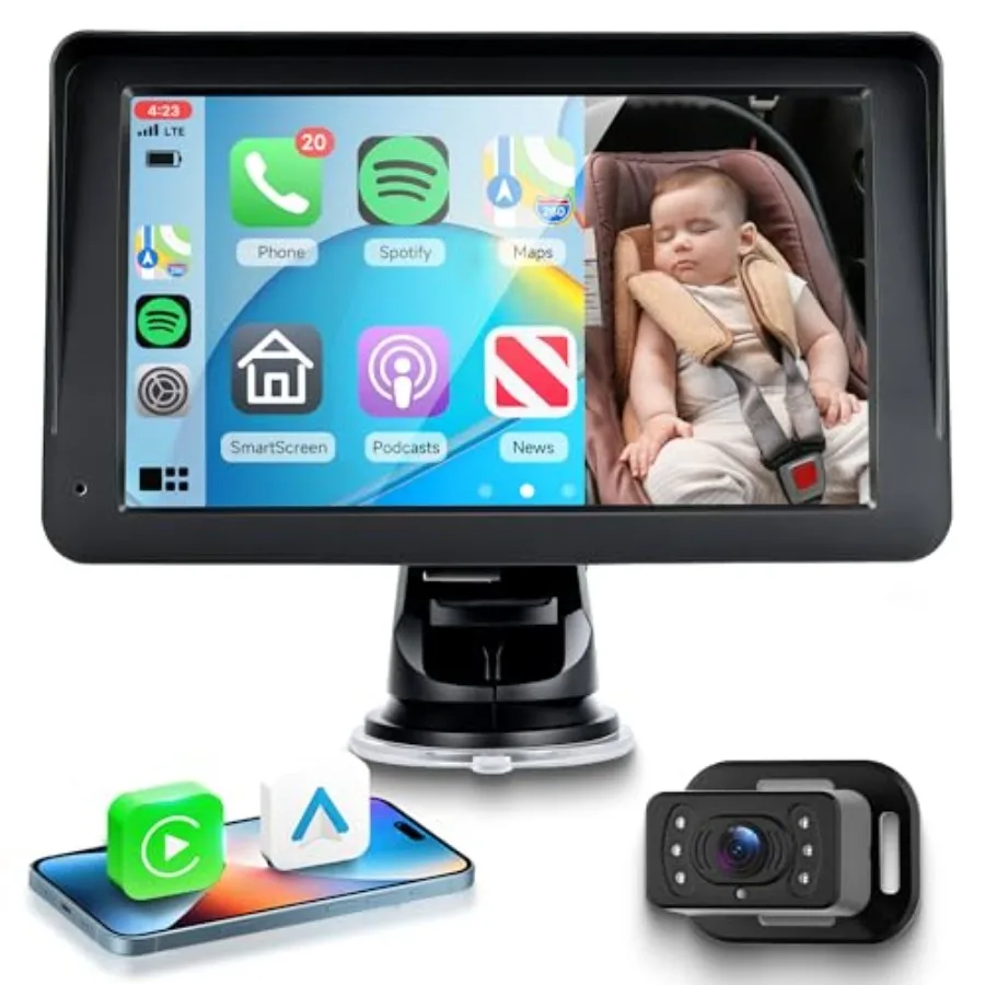 

Backseat baby car camera for infant monitoring, ABS plastic, black, HD 1080P wireless CarPlay/Android Auto support, 7 IPS scree