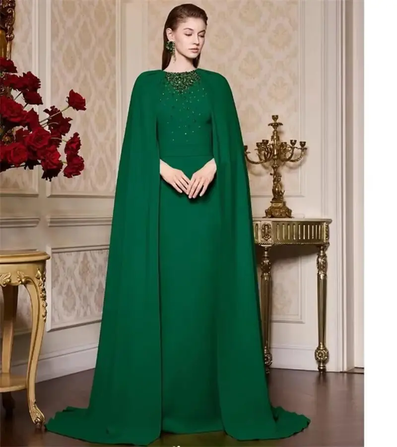 فساتين سهرة أنيقة باللون الأخضر الزمردي مطرز برقبة دائرية وأكمام كيب طويلة رداء ماكسي عربي مخصص رداء حفلات رسمي للنساء #1