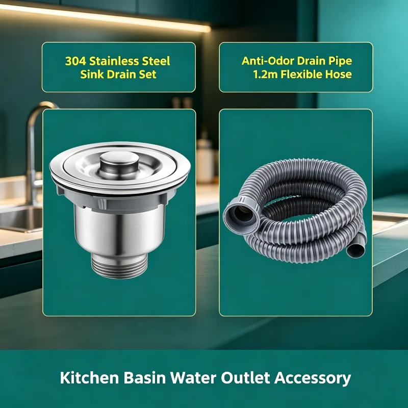 304 Stainless Steel Kitchen Sink Drain Set, Anti-odor Drain Pipe, Wash Basin Water Outlet Accessory For Kitchen Sink
