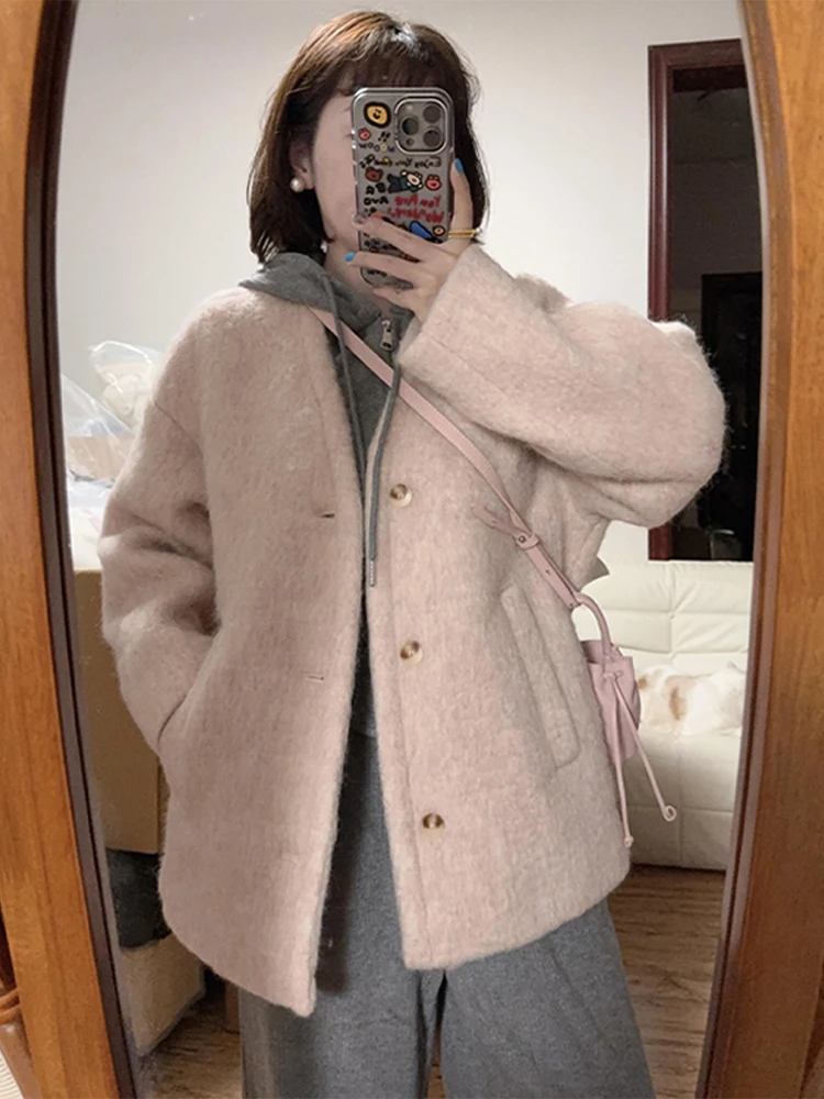 

Розовое шерстяное пальто женское Thiened ort Sle осень-зима Новое поступление корейский Sle маленький размер милый дизайн на молнии