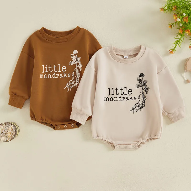 Newborn Baby Girls Boys Bodysuit Autumn Clothes Mandrake Letter Print Round Neck Long Sleeve Casual Jumpsuit Baby Clothing