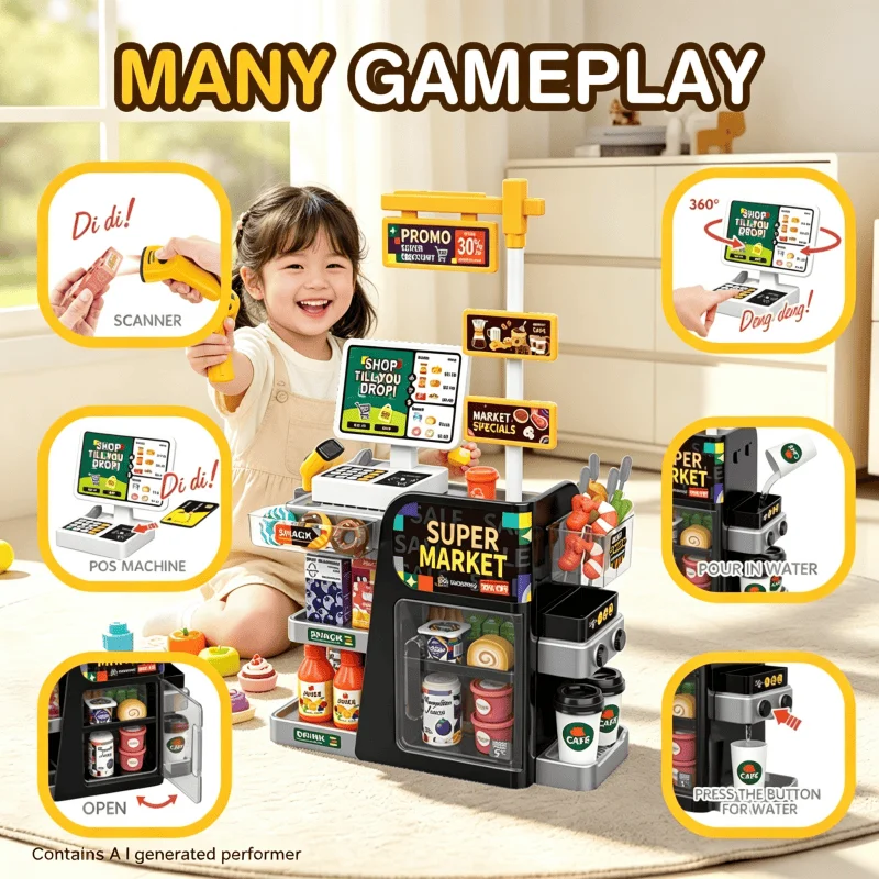 Kids Pretend Mini Supermarket Toy Cash Register Scanner Toy, Role-Playing Game Educational Gifts Suitable for Boys and Girls