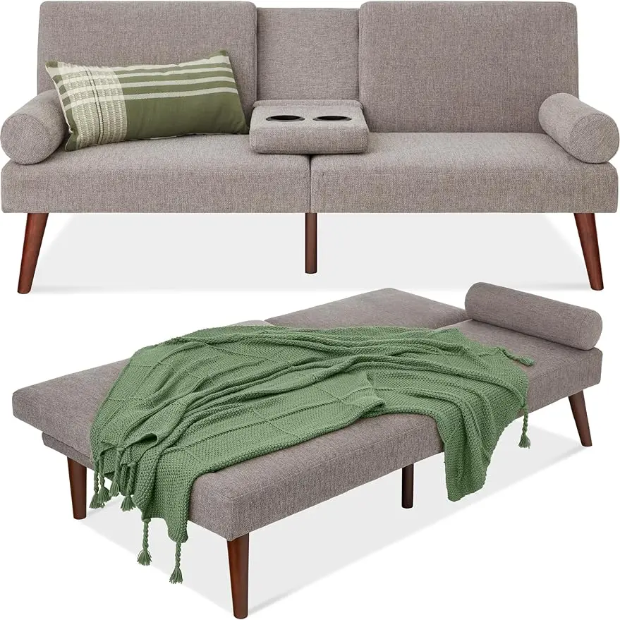 

Mid-Century Modern Upholstered Futon, Convertible Folding Sofa Bed, Small Couch w/Rounded Armrests, 2 Cupholders