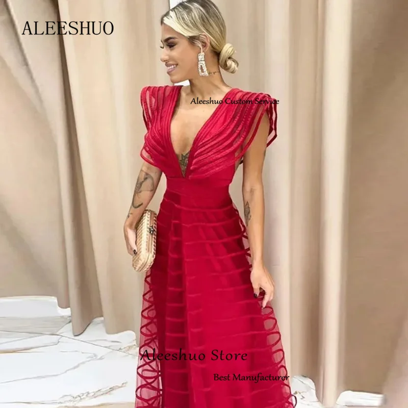 Aleeshuo Purple Elegant Cap Sleeves Long Tulle Prom Gowns Deep V-Neck Backless Evening Dresses Floor-Length Party Robe de soirée