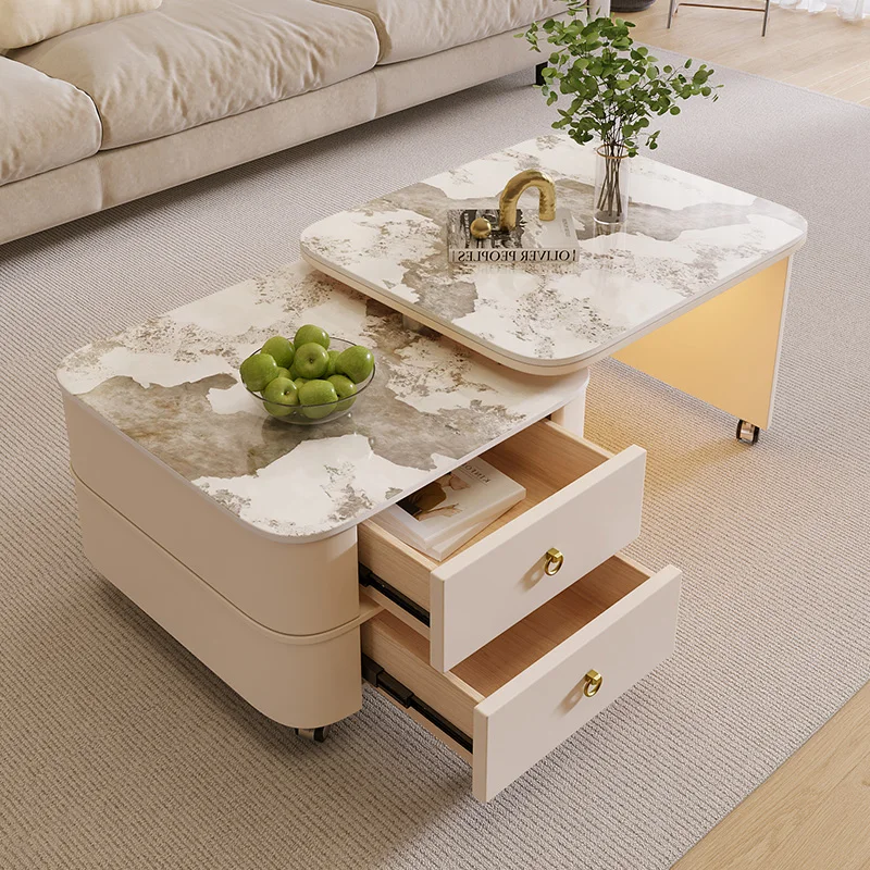 طاولة قهوة حديثة وخفيفة الوزن وبلاط صخري كريمي وغرفة معيشة منزلية وشقة صغيرة دوارة متنقلة #5