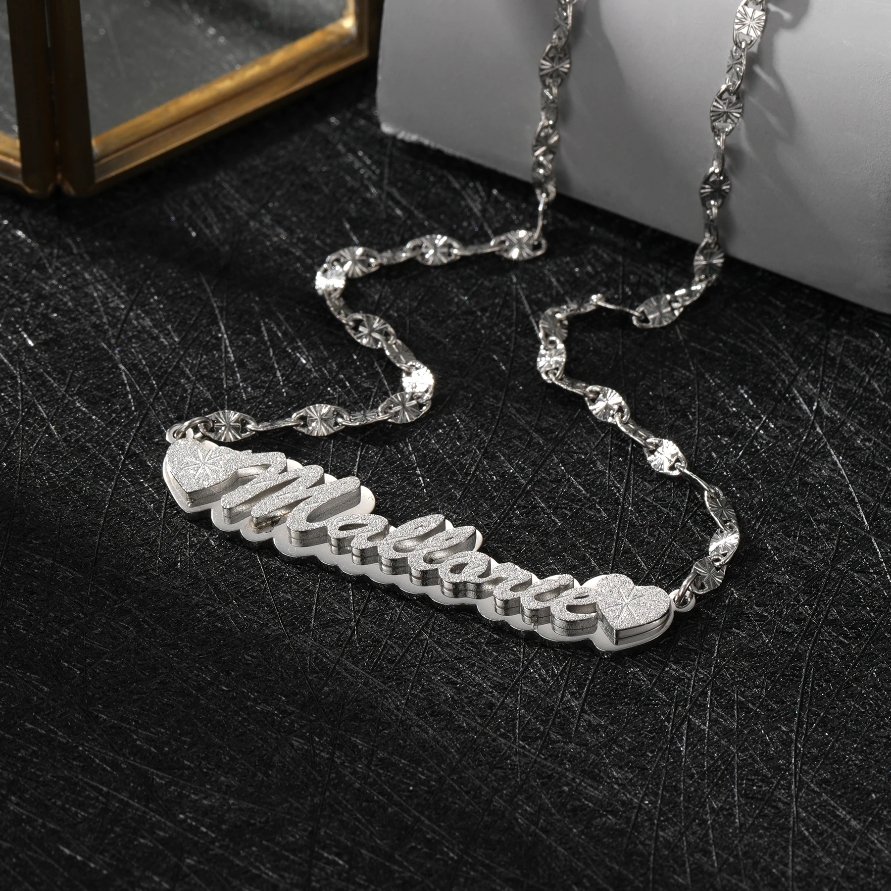 

Double Layer Custom Name Necklace Laser Cut Sandblasted Stainless Steel Welded 3D Textured Pendant Personalized Gift for Lover