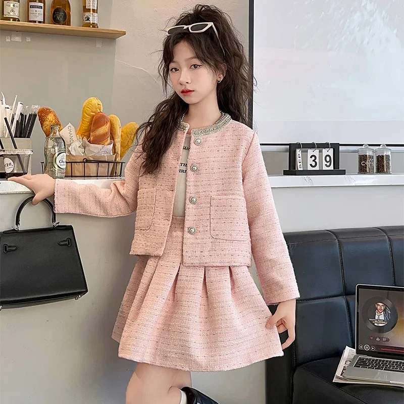 French style chic teen girls clothes set Handmade bead round neck jacket+pleated skirt 2pcs junior kids suit child outfits 12 14