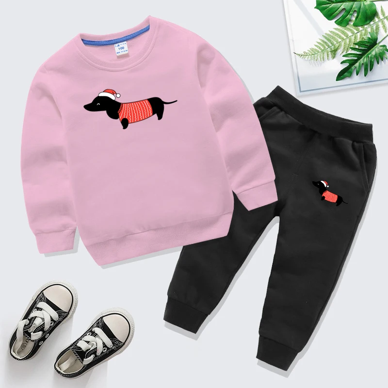 New Autumn Children's Clothing Sets Funny Cartoon Dachshund Print Sweatshirt+Trousers Suits Boys Girls Merry Christmas Tracksuit