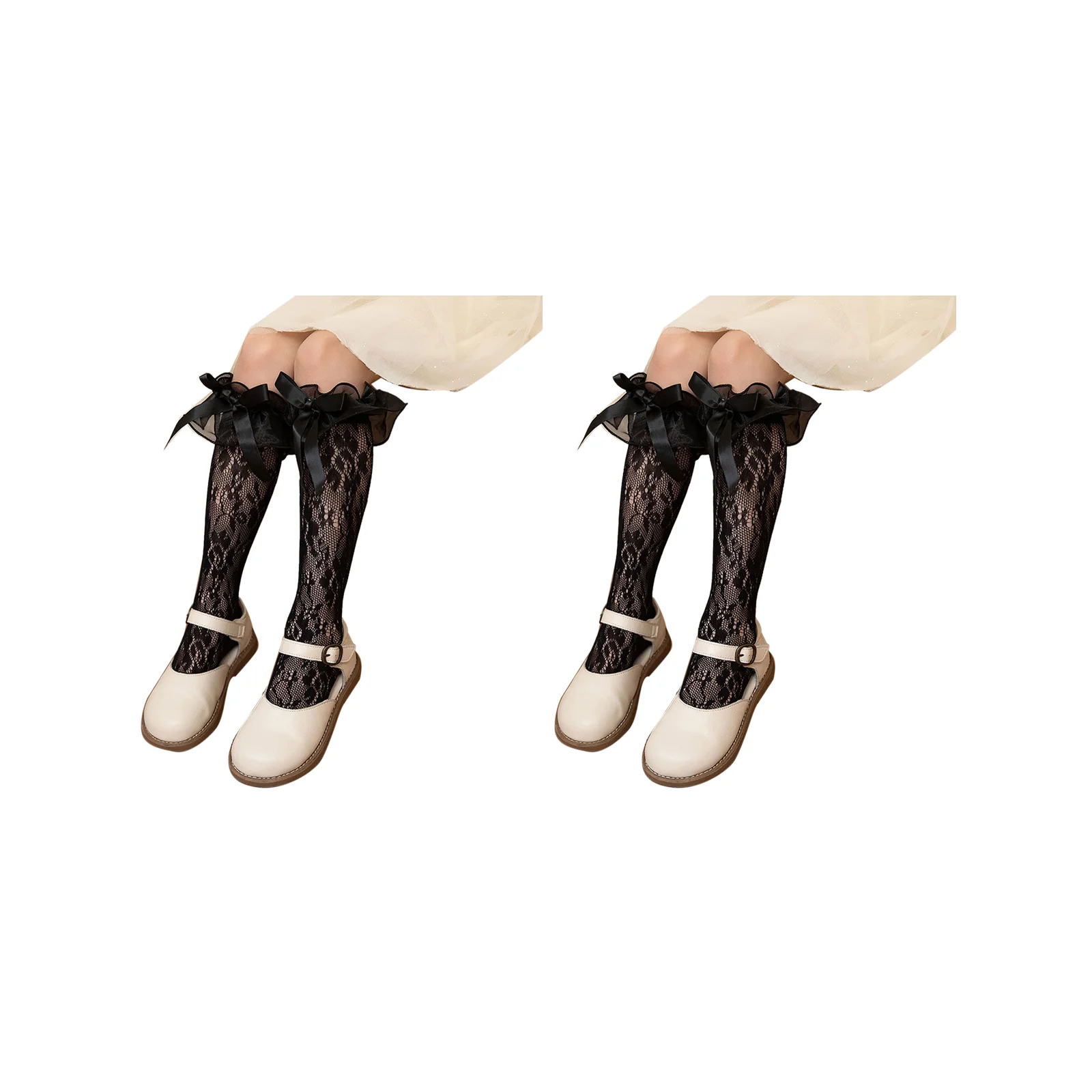 Lolita rose mesh organza bow children's mid-calf socks three-color combination (black/white/beige)
