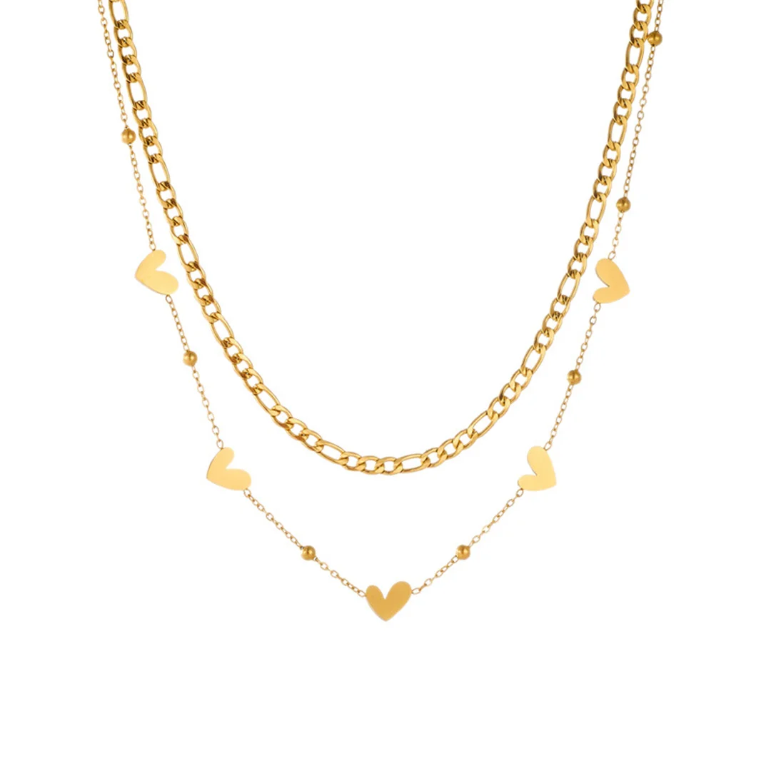 

Punk Statement Love Heart Charm Pendant Female Gold Color Stainless Steel Double Layers Figaro Chain Necklace for Women Jewelry