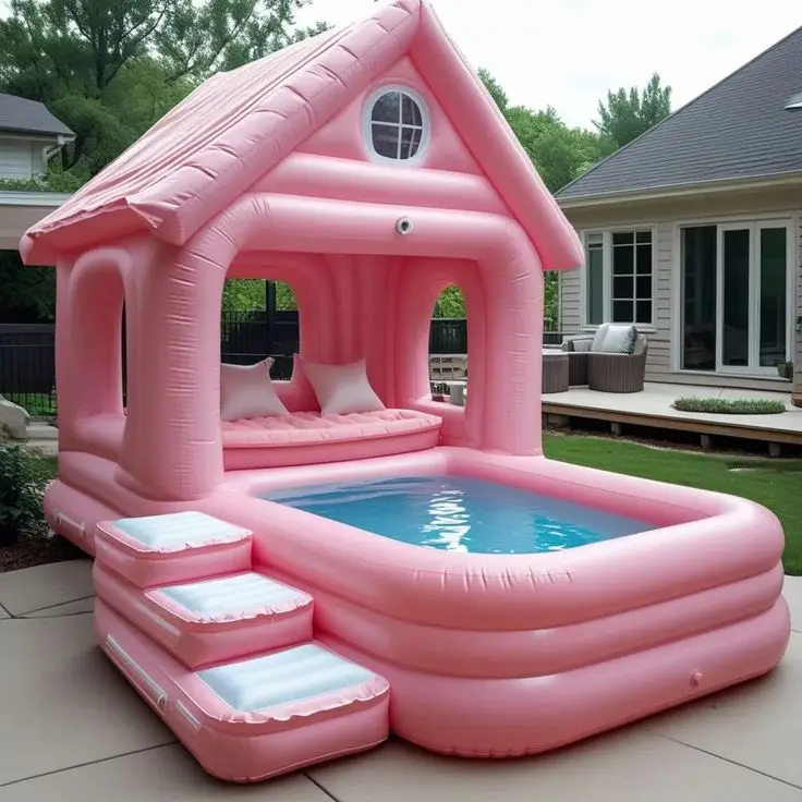 

Backyard entertainment and relaxation Charming outdoor water resort with pink inflatable house-shaped pool with lounge
